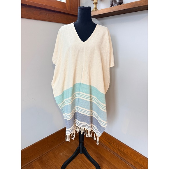 tribe alive Sweaters - Tribe Alive Striped Cotton Poncho Tunic Cover Up Fringe Hem Boho Resort Style OS